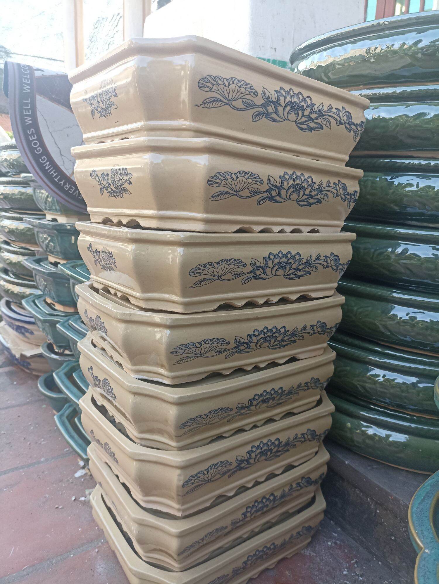 bộ 3 chậu vẽ hoa sen 4 mặt Bát tràng cao cấp