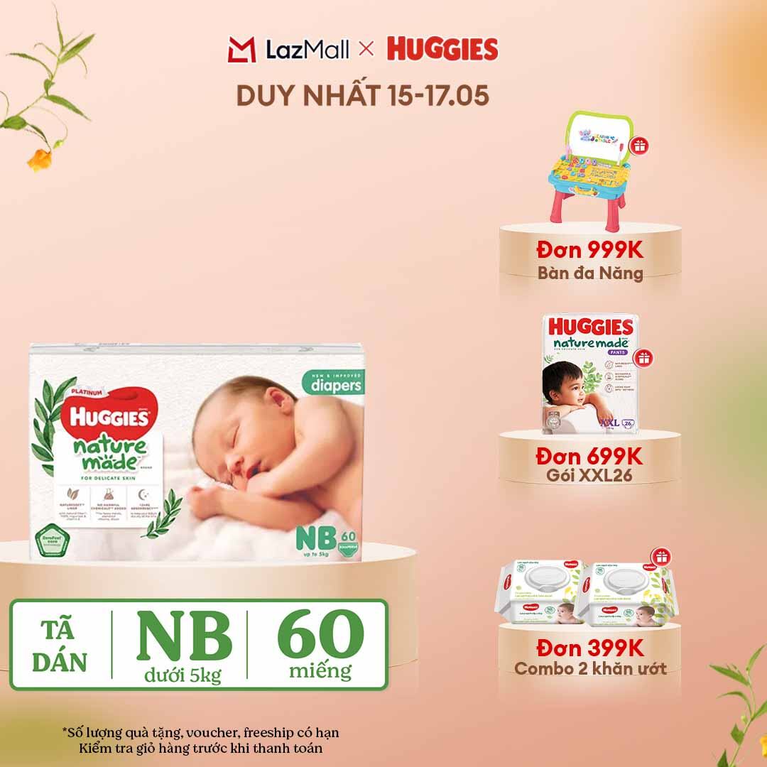 [CHỈ 15-17.05 QUÀ TẶNG ĐƠN 399K](Mua 1 tặng 1)  Tã/Bỉm dán sơ sinh Huggies Platinum NatureMade NB60 (dưới 5kg)-Gói Jumbo 60 miếng
