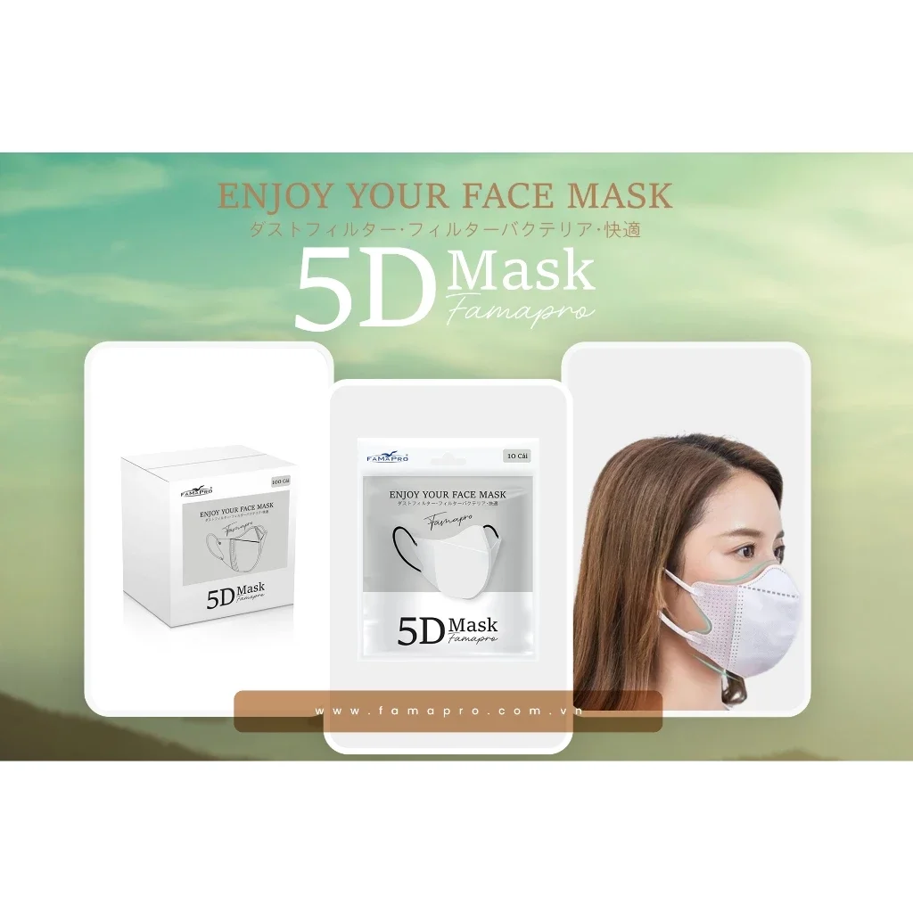[Combo 100 cái] Khẩu trang 5D Mask Famapro kháng khuản cao cấp bịch 10 cái, màu trắng xám đen