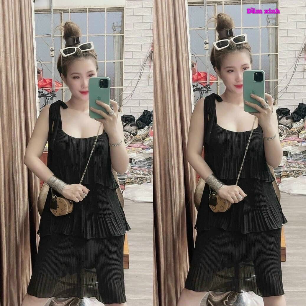 Đầm dập ly 3 tầng vải voan cột vai