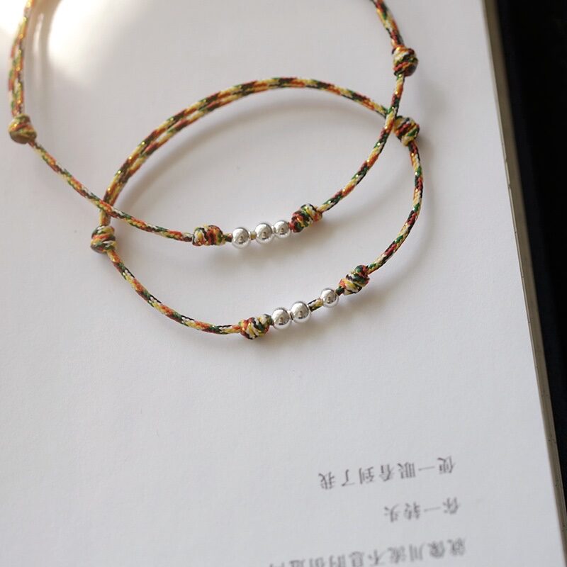 Vòng Tay Dây Ngũ Sắc Vòng Tay Hạt Đổi Vận Bạc Nguyên Chất Cổ Điển Đơn Giản Vòng Chân Kiểu Siêu Mảnh Bạc Nguyên Chất Nam Nữ Có Thể Điều Chỉnh