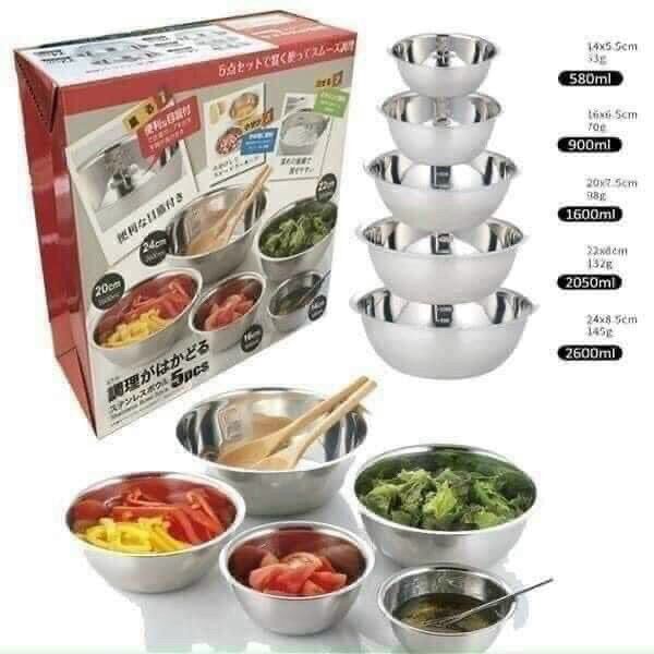 Bộ 5 chậu inox chia vạch hộp 5 thố inox có chia vạch