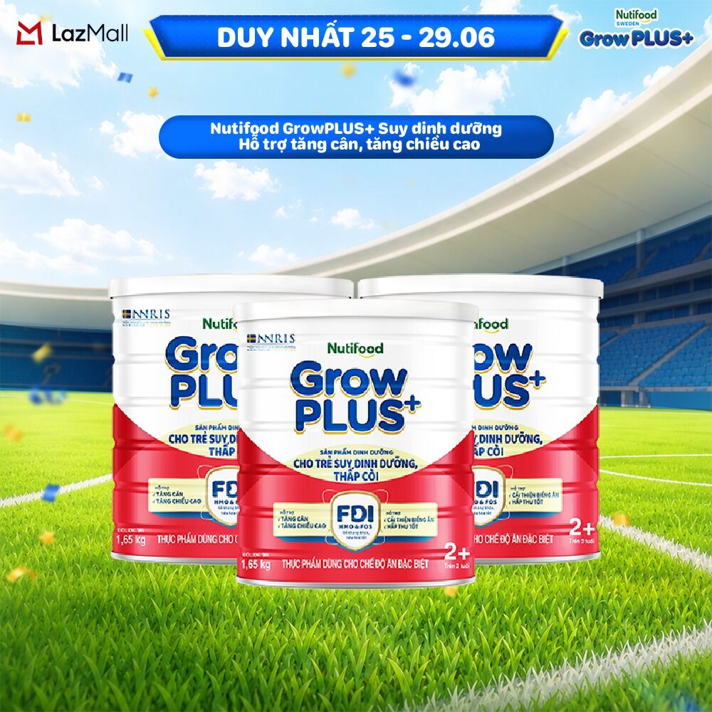 Combo 3 Sữa bột Nutifood GrowPLUS+ Suy Dinh Dưỡng (Đỏ) 2+ - Hỗ trợ tăng cân, tăng chiều cao (3 Lon 1,65 Kg)