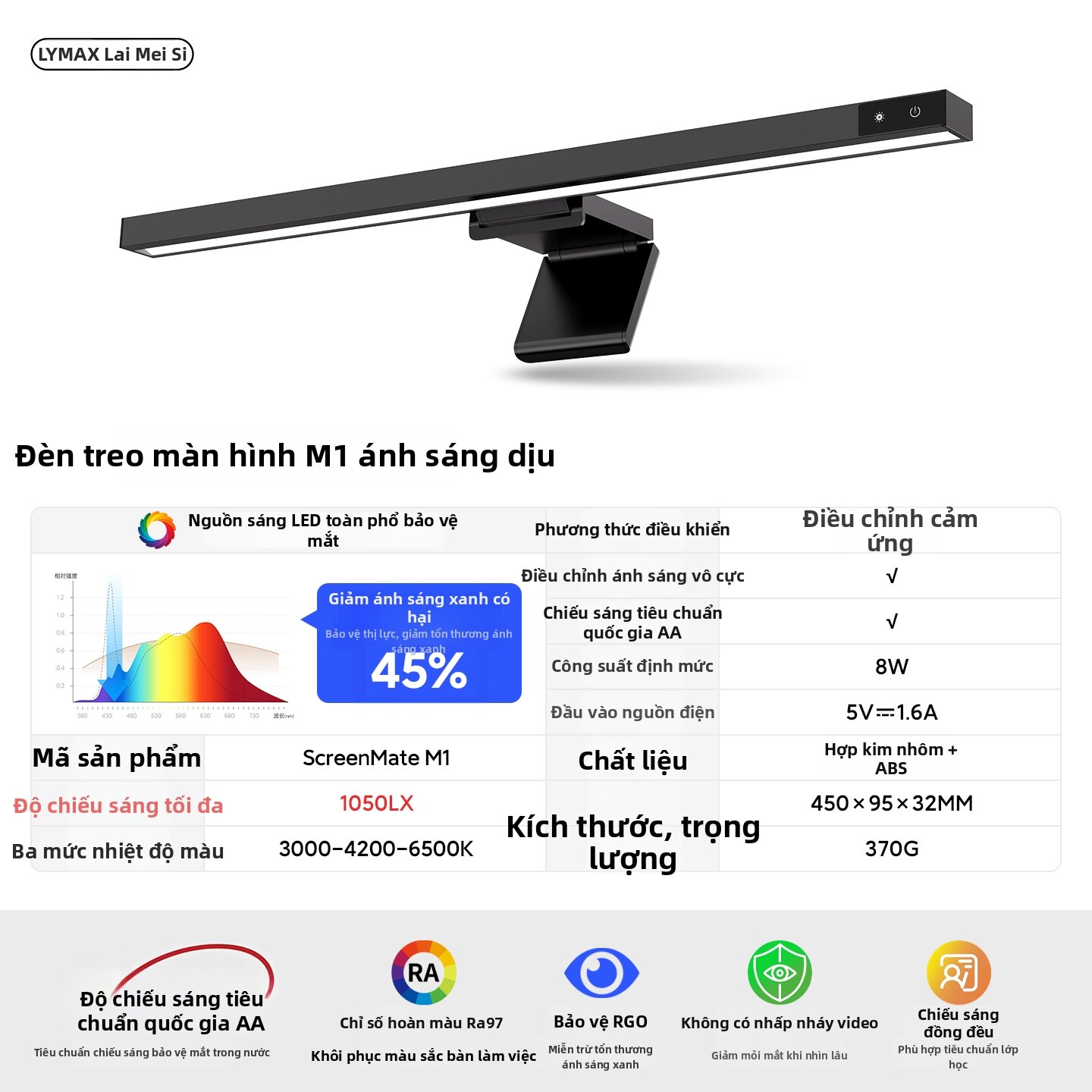 LYMAX | Đèn Treo Màn Hình Chống Ánh Sáng Xanh Không Chớp Nháy