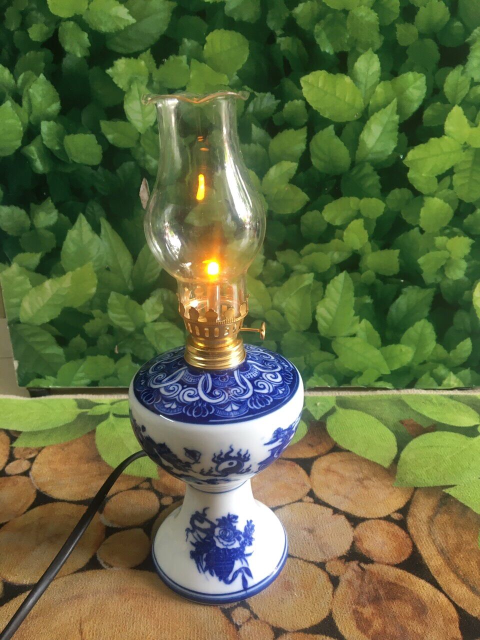 Đèn dầu điện men Lam gốm Bát Tràng size lớn cao 25cm