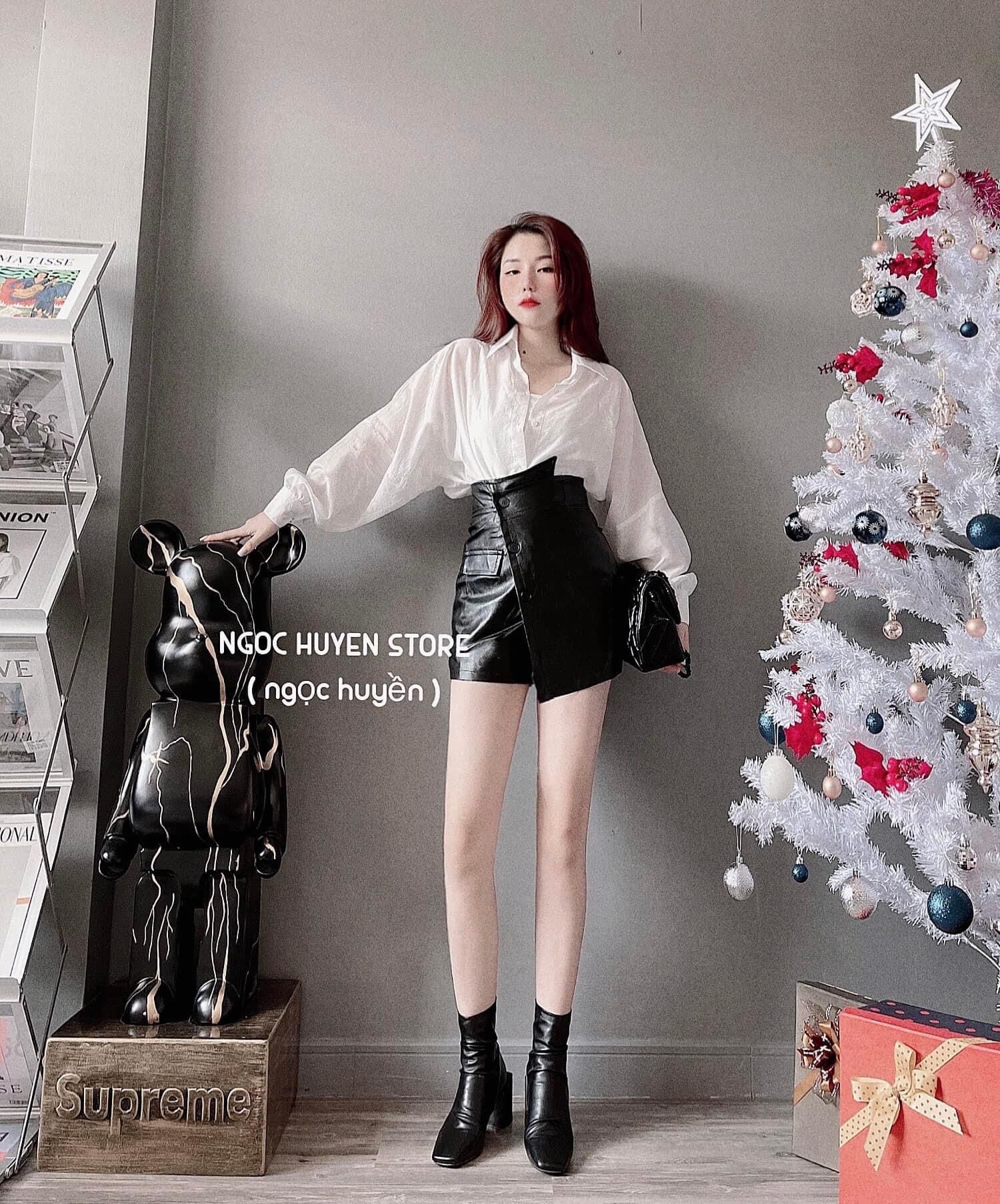 Chân váy da đắp chéo + set sơ mi 2 món