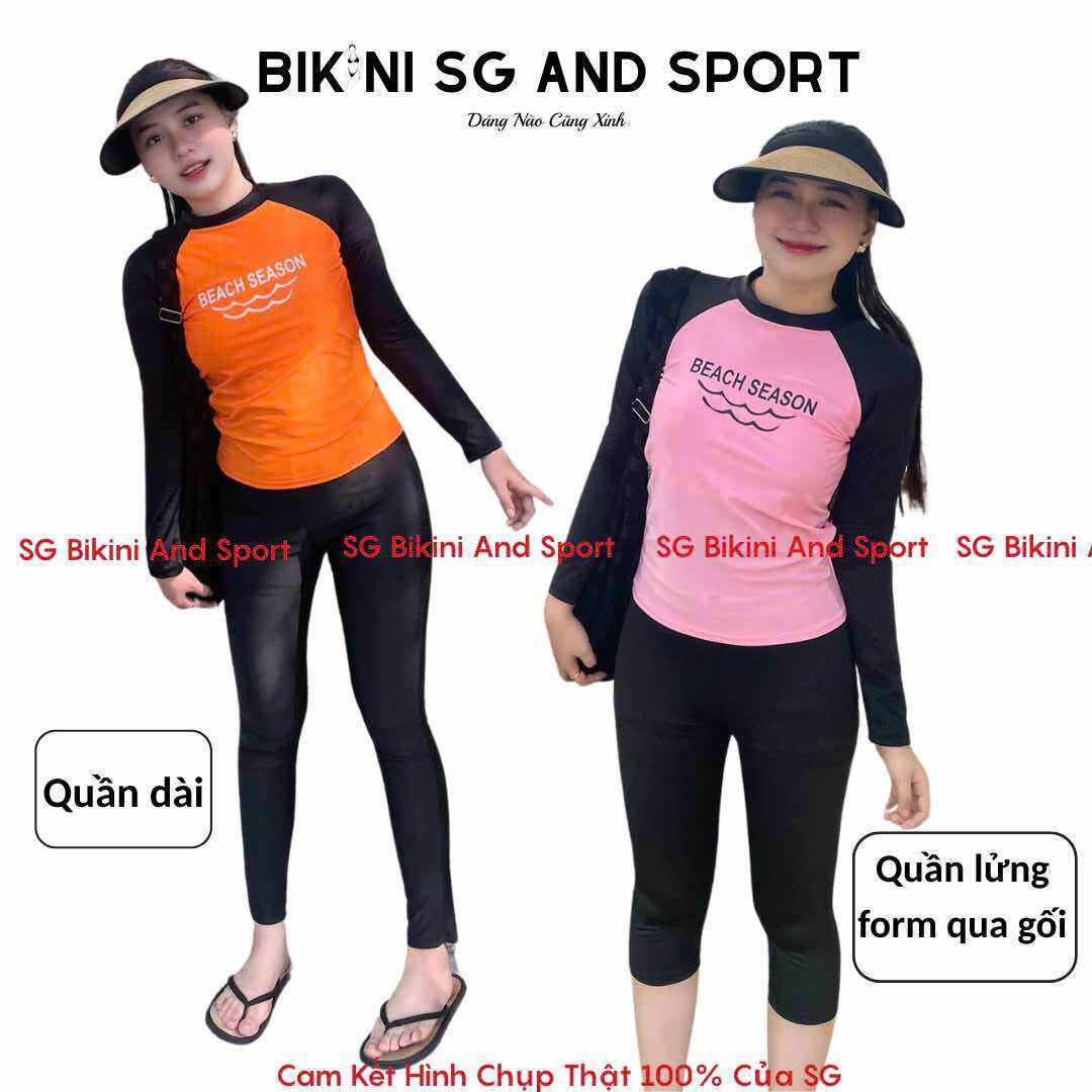 Đồ bơi nữ quần dài, đồ bơi quần lửng kết hợp áo tay dài in hình sóng biển Bikini SG And Sport đẹp