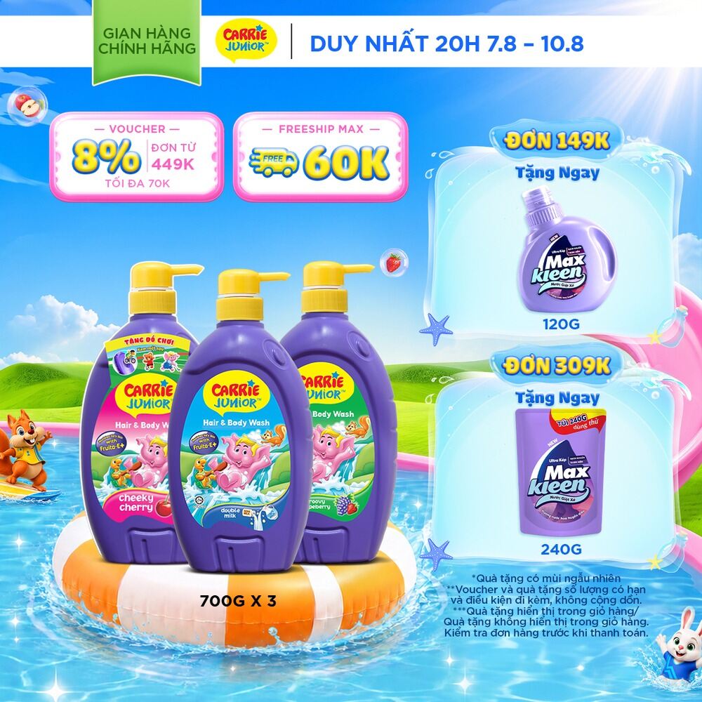 Combo 3 Sữa Tắm Gội cho bé Carrie Junior chiết xuất trái cây thiên nhiên (700g x 3): 1 Hương Grapeberry + 1 Hương Cherry + 1 Tinh Chất Sữa