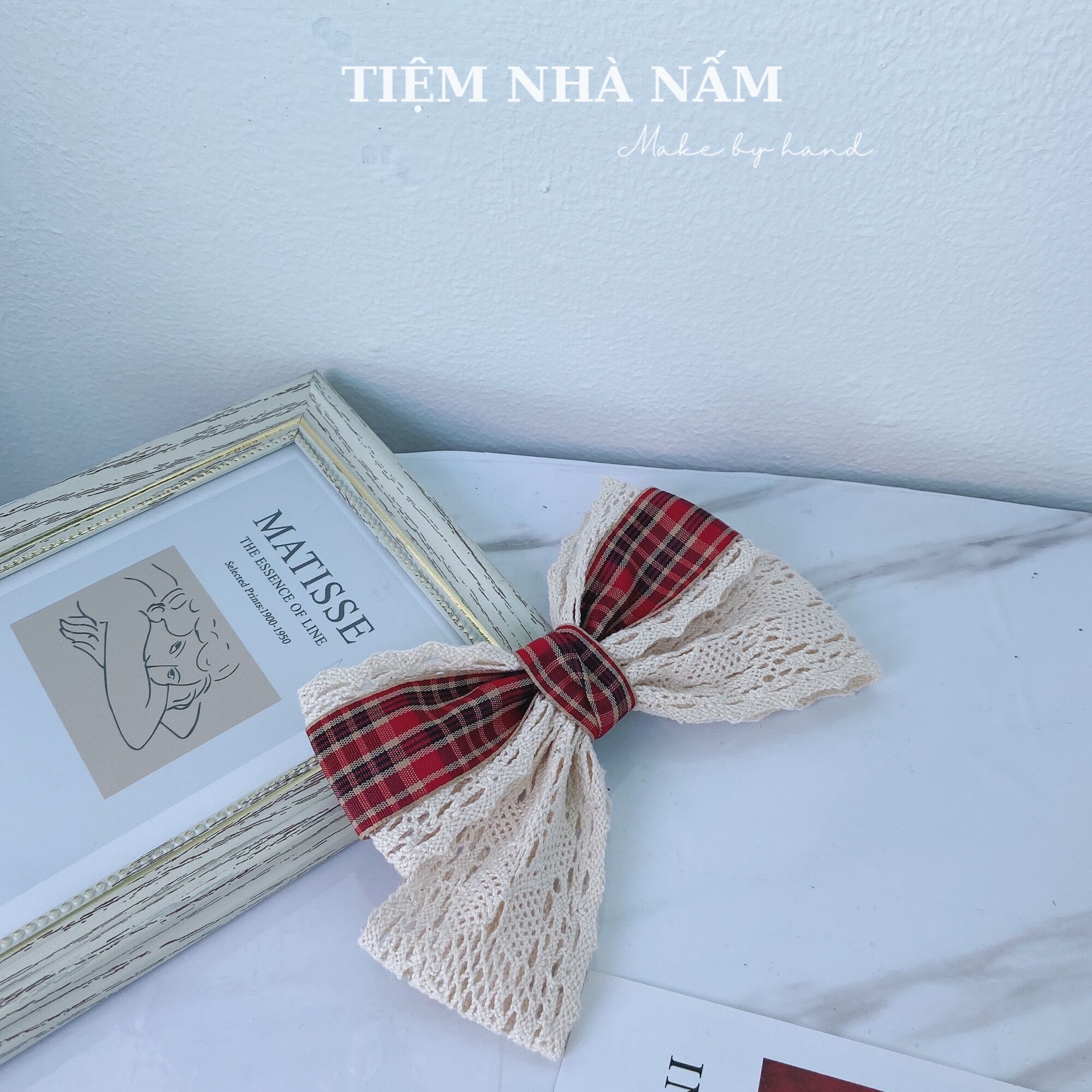 🎀 KẸP TÓC NƠ REN PHỐI CARO TIỂU THƯ - [ Nhà Nấm handmade ]