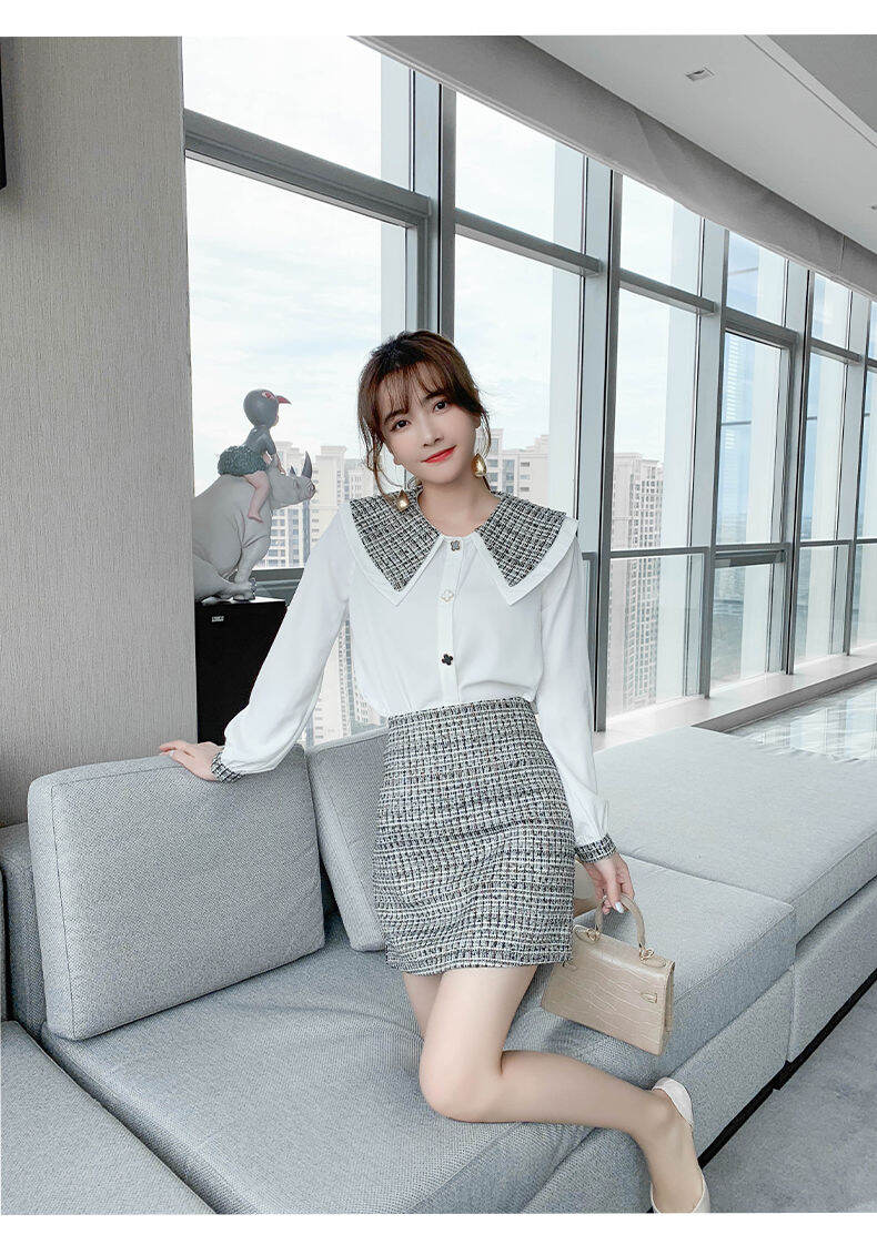 Set áo sơ mi phối váy dạ tweed trắng đen siêu đẹp