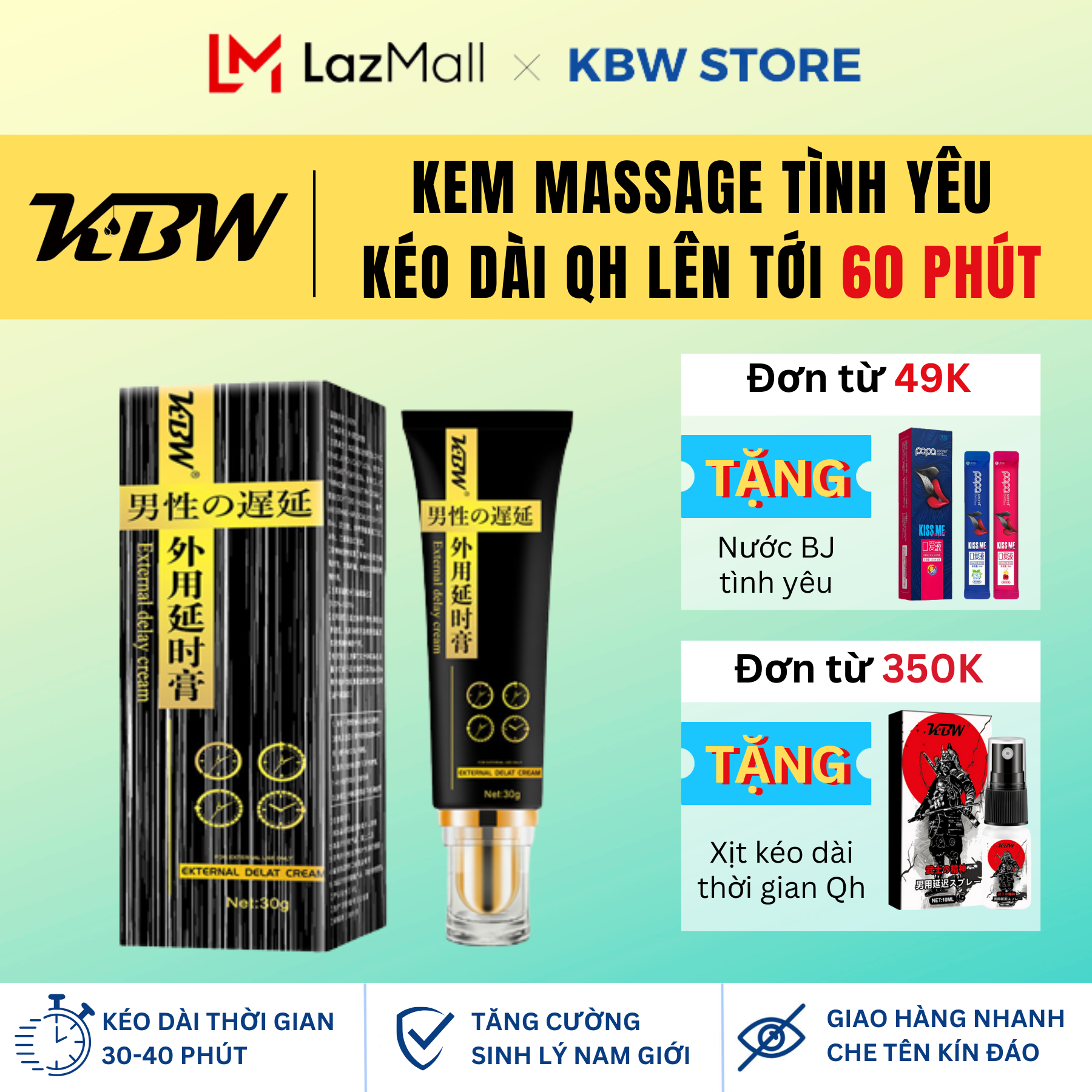 Gel bôi trơn KBW 60 Phút kéo dài thời gian chống xuất sớm cho nam giới (che tên)