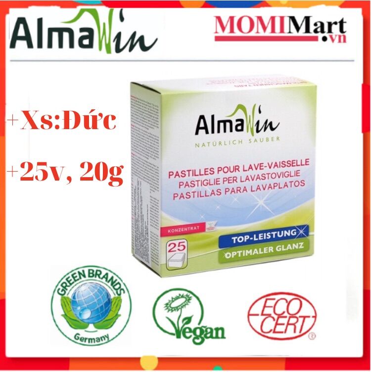 Viên rửa chén hữu cơ Hộp 25 viên*20g - Almawin dùng cho máy rửa bát không mùi an toàn cho gia đình có trẻ nhỏ