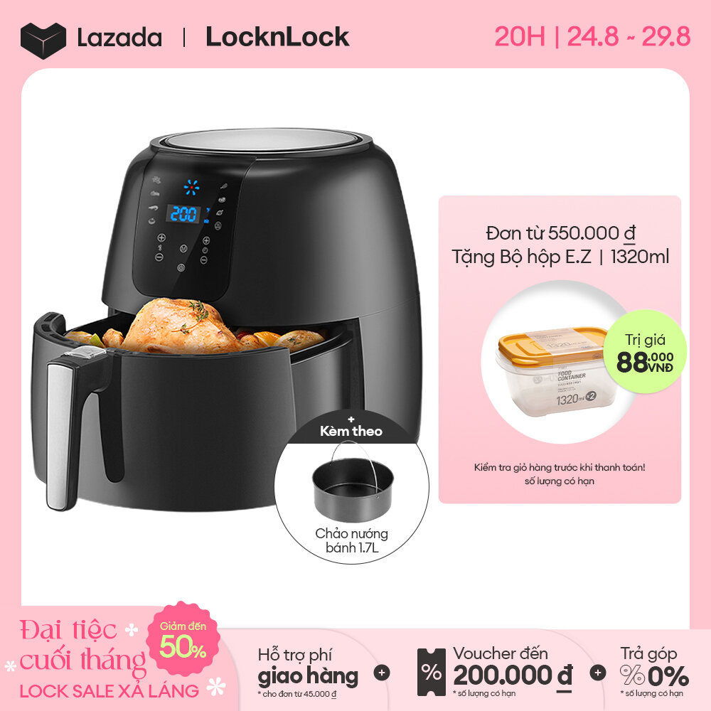 EJF296BLK - Nồi chiên không dầu Lock&Lock Super Jumbo 7.2L - 7 chế độ nấu, Tỏa nhiệt đối lưu 360, Tặng kèm khay bánh - Bảo hành 2 năm