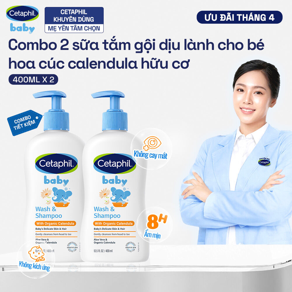 Combo 2 Sữa tắm dưỡng ẩm dịu lành cho bé với Calendula hoa cúc hữu cơ CETAPHIL BABY WSHAMPOO CALENDULA 400ML/Chai
