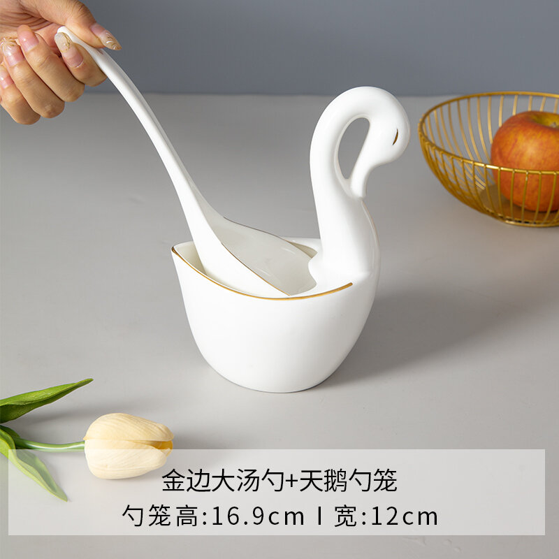 Muôi canh to nhỏ gia dụng thìa canh cán dài thìa canh lớn gốm sứ viền vàng muôi canh cháo khách sạn margo sứ xương