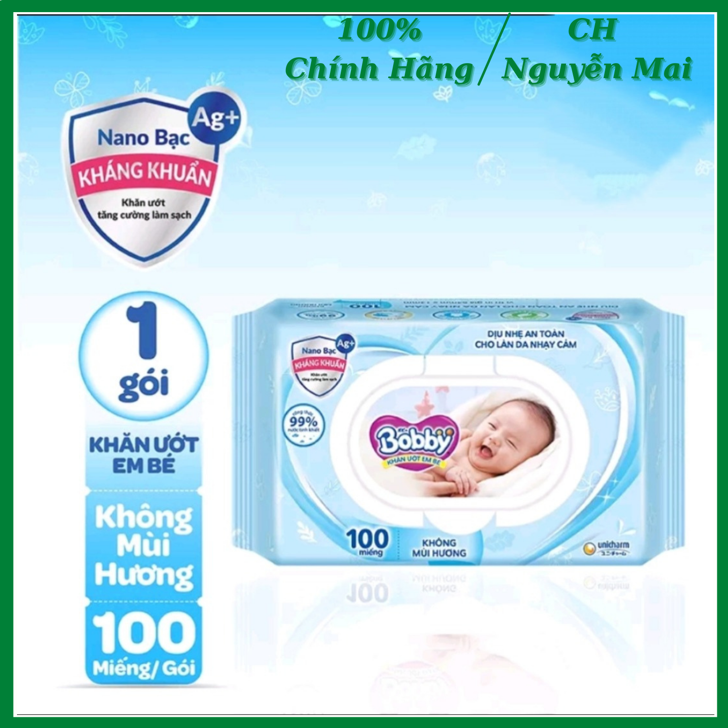 Khăn ướt bobby care không mùi - 100 tờ/gói