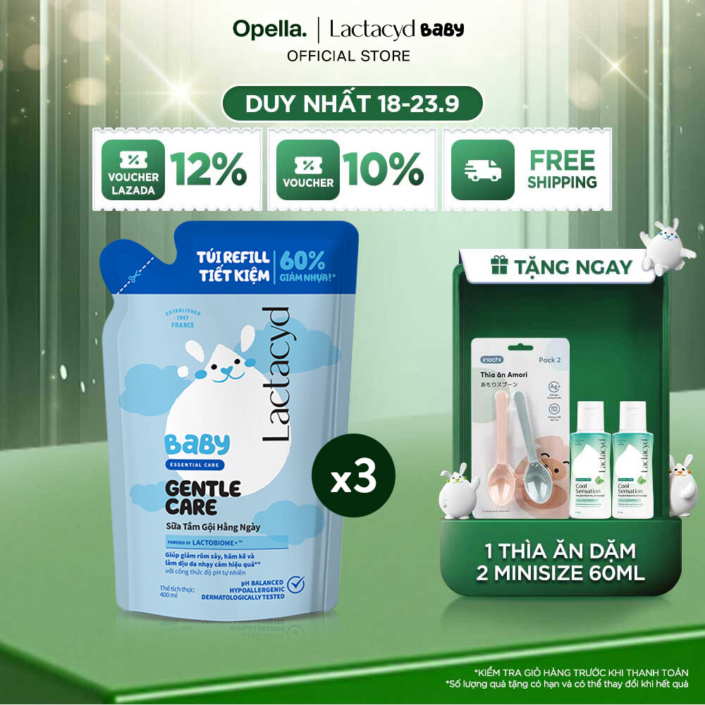Bộ 3 Túi Refill - Sữa Tắm Gội Trẻ Em Lactacyd Baby Gentle Care Bảo Vệ Dịu Nhẹ Cho Làn Da Nhạy Cảm 400ml
