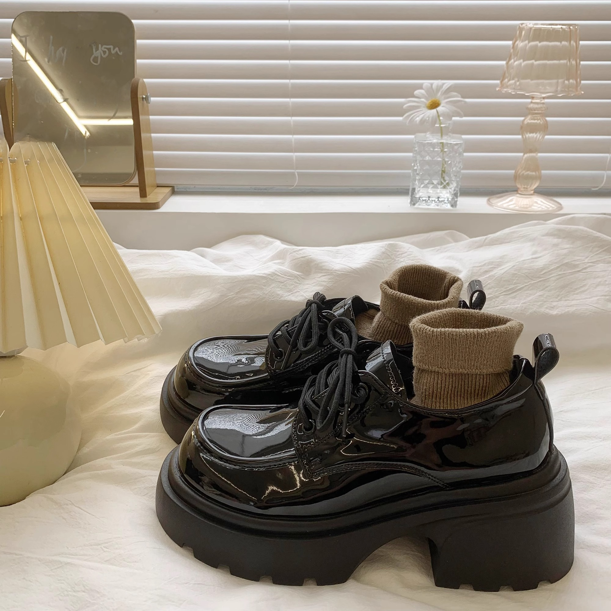 Giày Bốt Da Màu Đen Đế Dày Cho Nữ Phong Cách Anh Mùa Xuân Thu Giày Đế Cao Gót Mary Janes Giày Lười Công Sở Thường Ngày