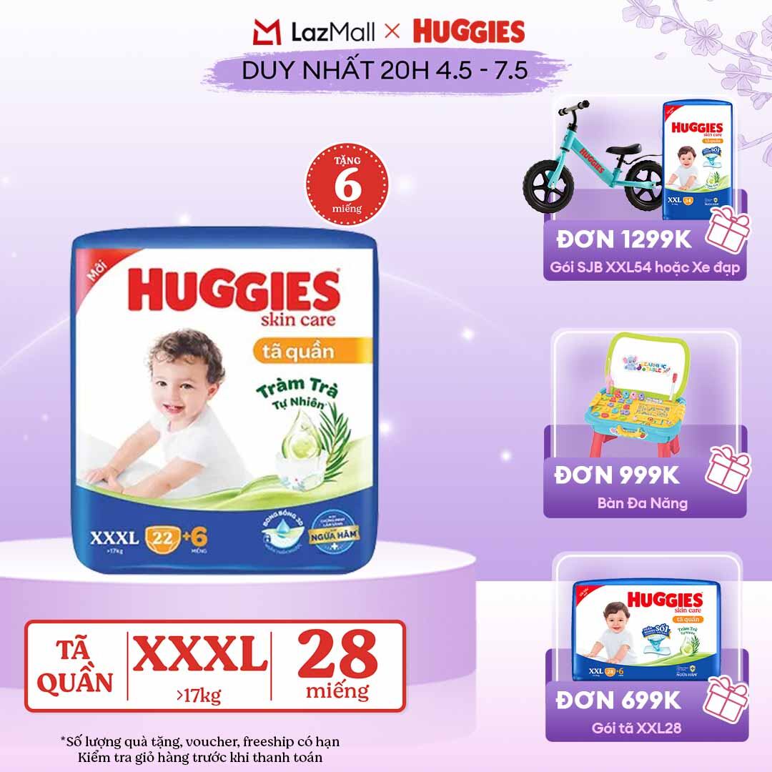 [CHỈ 20h 04-07.05 GIẢM THÊM 90K] Tã/bỉm quần Huggies Skin Care Jumbo XXXL22+6 miếng với tràm trà dịu da