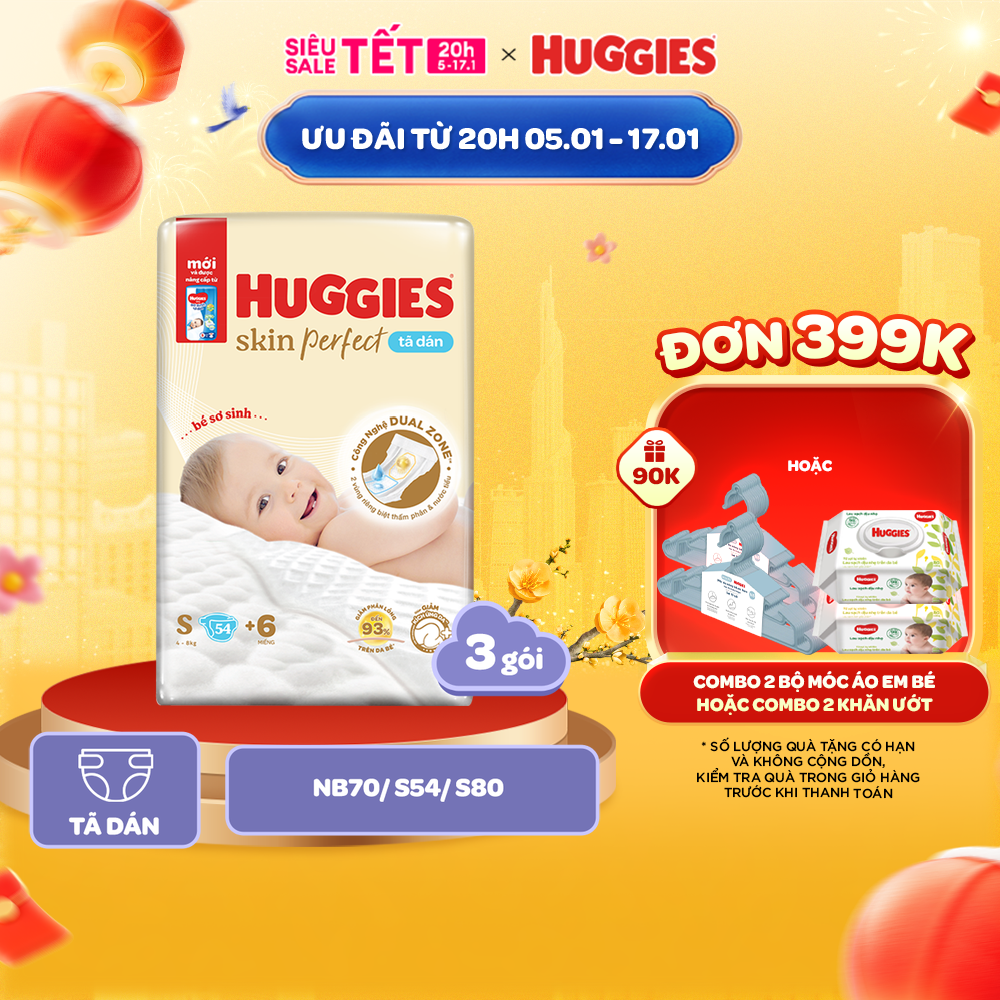 [Tặng 6 miếng cho size S80] Thùng 3 gói Tã Dán Sơ Sinh Huggies Skin Perfect NB70/S54/S80 Với 2 Vùng Thấm Giảm Kích Ứng Da