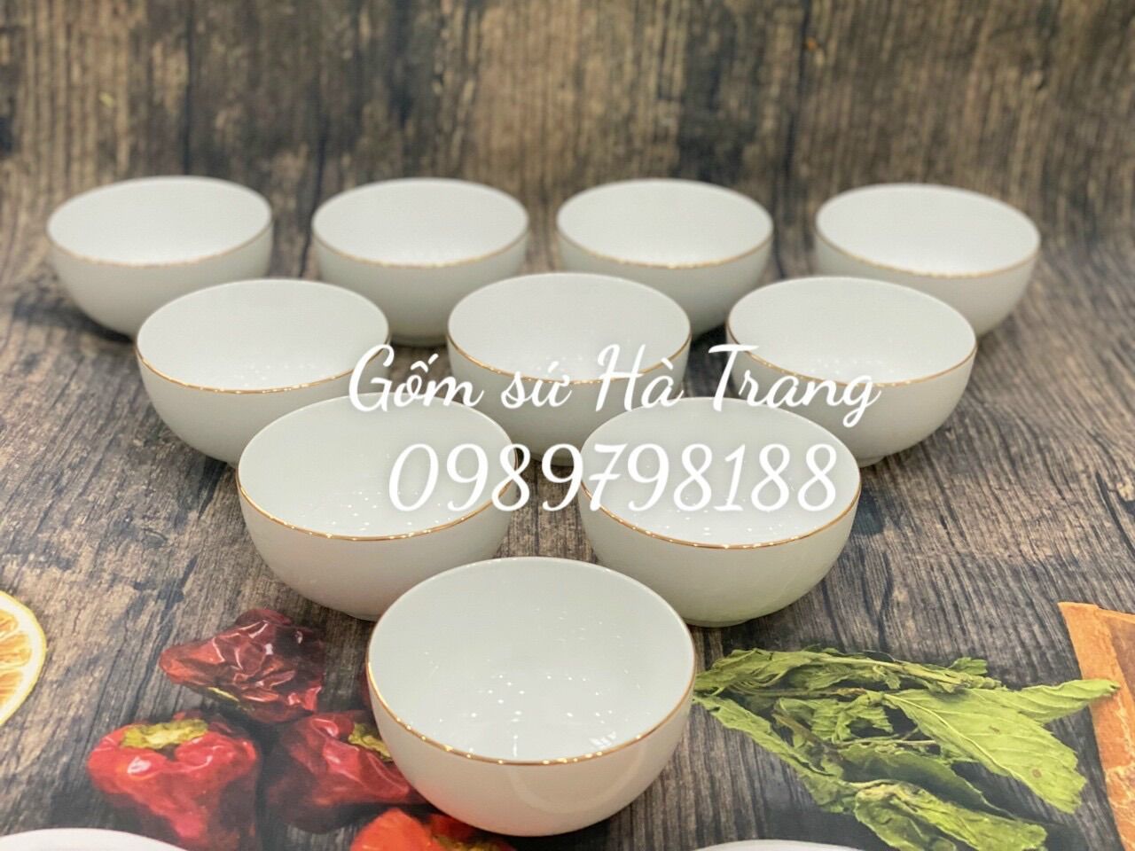 Combo 10 bát cơm gốm sứ Bát Tràng cao cấp men trắng vẽ viền vàng kim sang chảnh