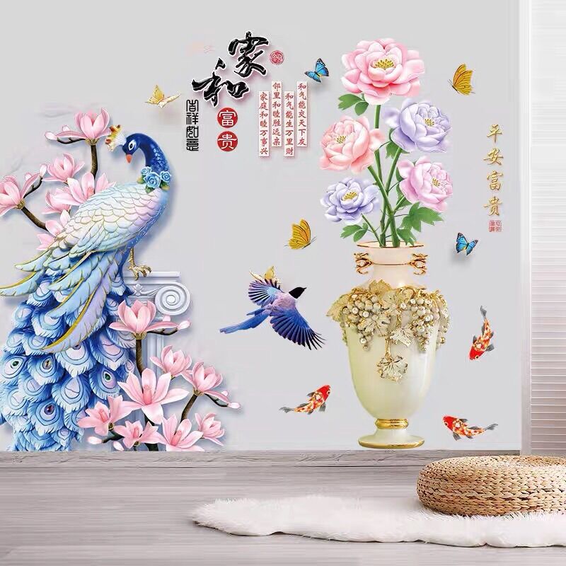 Combo 2 tranh Decal dán tường phòng khách bình hoa và công