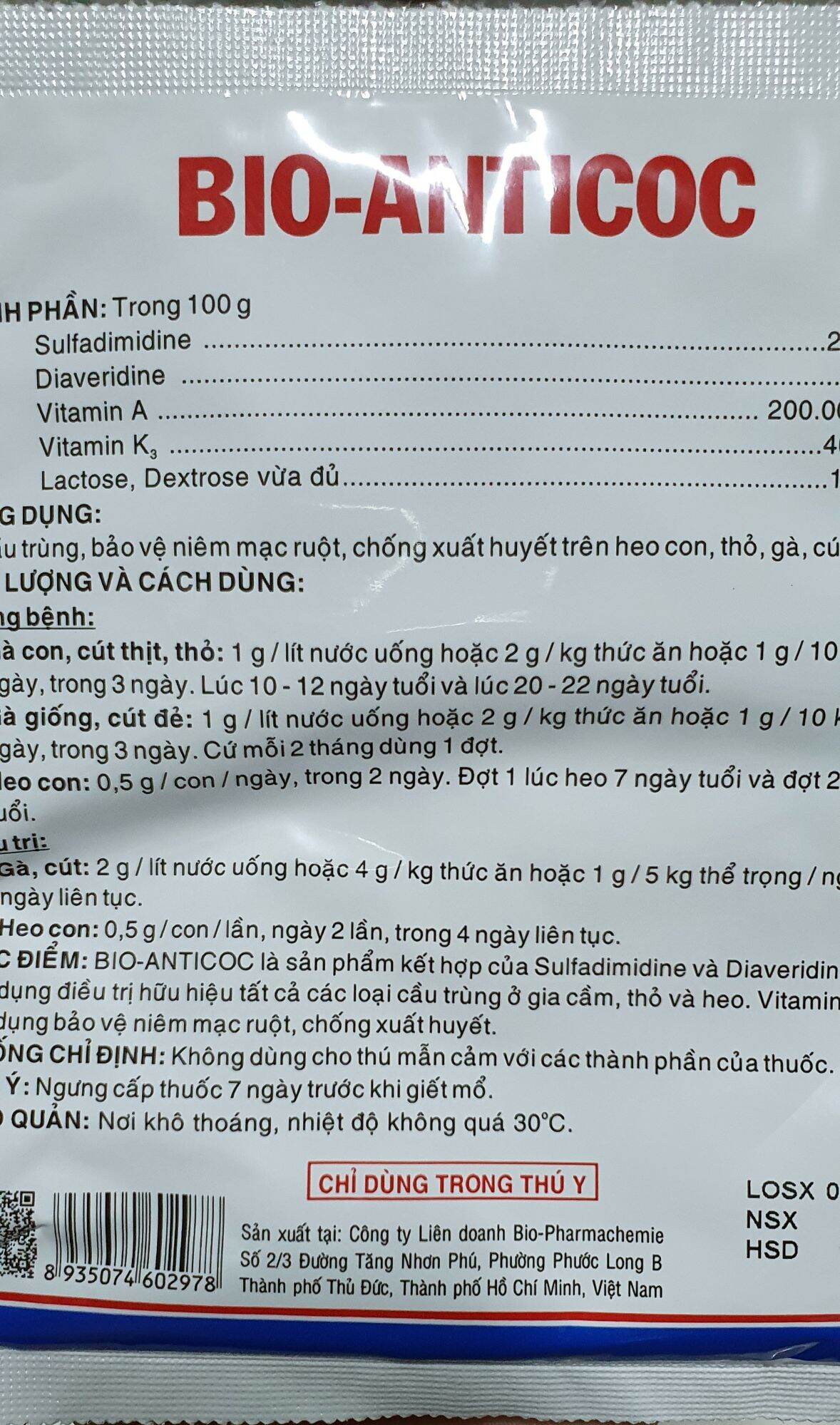 BIO ANTICOC GÓI 100G CẦU TRÙNG PHÂN SÁP, PHÂN CÓ MÁU CHO GÀ, CÚT HEO