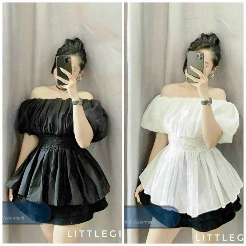 Áo bẹt vai bo nhún eo hai lớp xinh đẹp b18