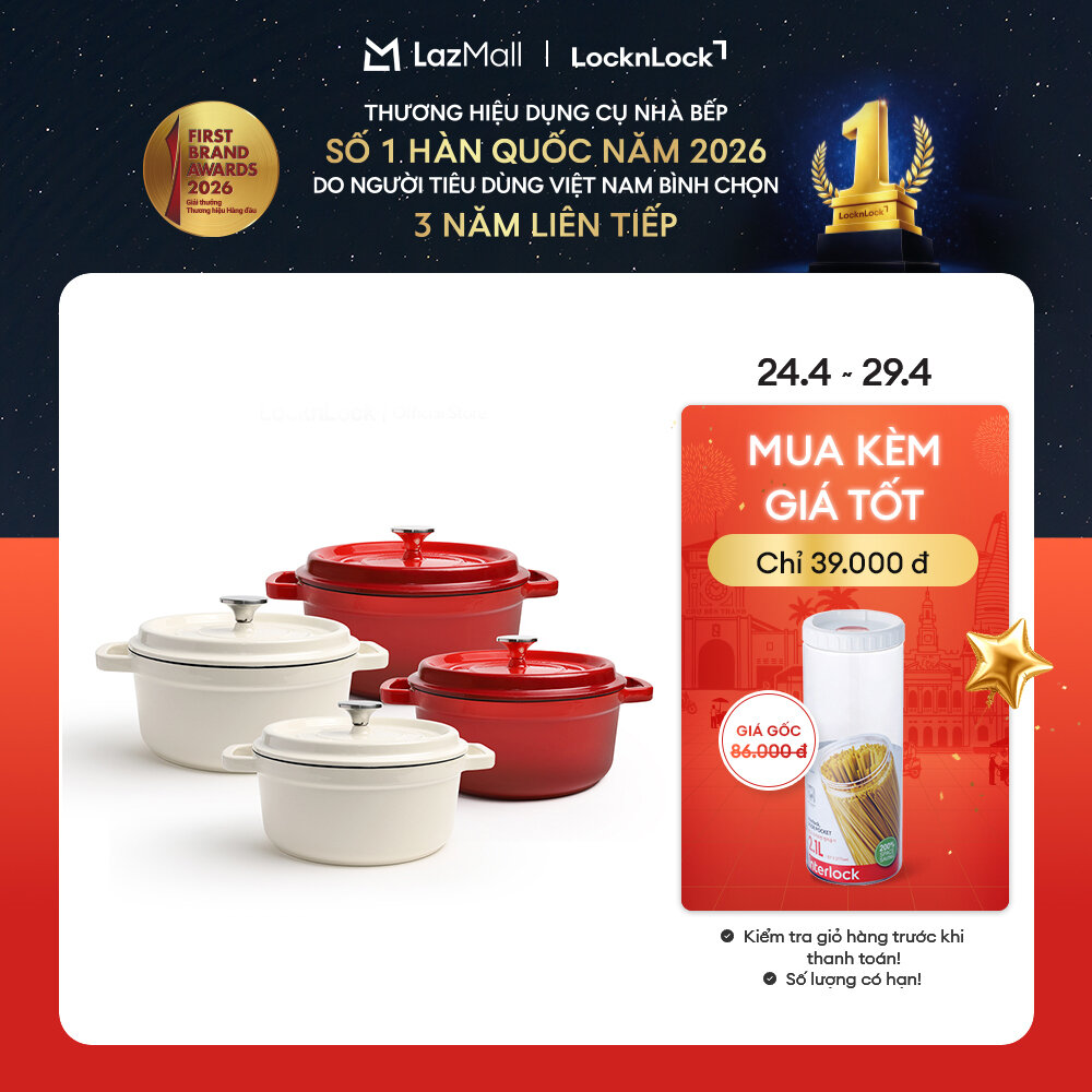 Nồi gang 2 tay cầm LocknLock 22-24cm nắp chịu nhiệt, lòng nồi tráng men cao cấp, dùng được cho mọi loại bếp CIC2205RED,CIC2205WHT,CIC2405RED,CIC2405WHT