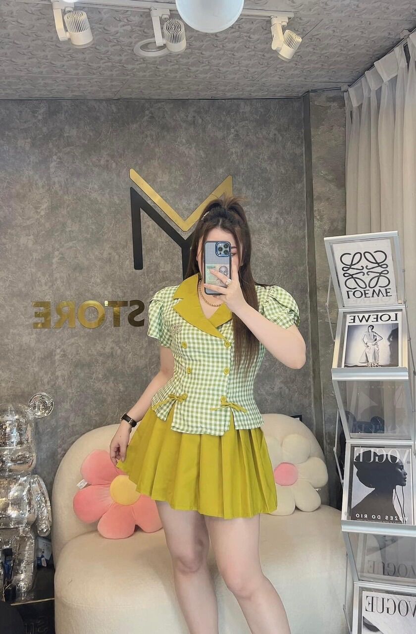 (SHOP BIGSIZE nữ 50kg đến 90kg) set áo vest đính nơ + chân váy SV88