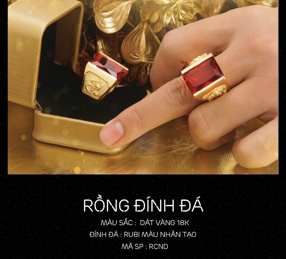 Nhẫn nam đính đá kiểu vuông mạ vàng 18k cao cấp