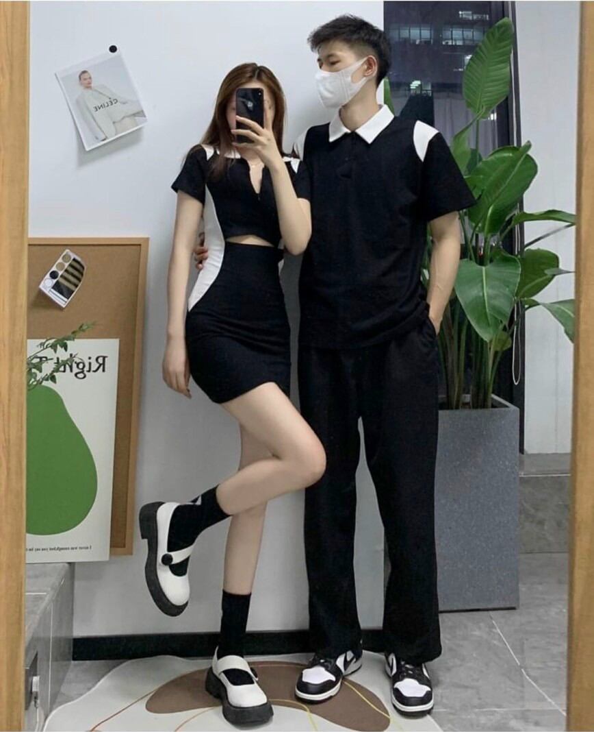 Set váy+áo đôi khoét hở sexy phối trắng đen