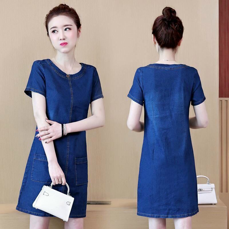Đầm jean suông cổ tròn 2 túi form chữ A basic thanh lịch