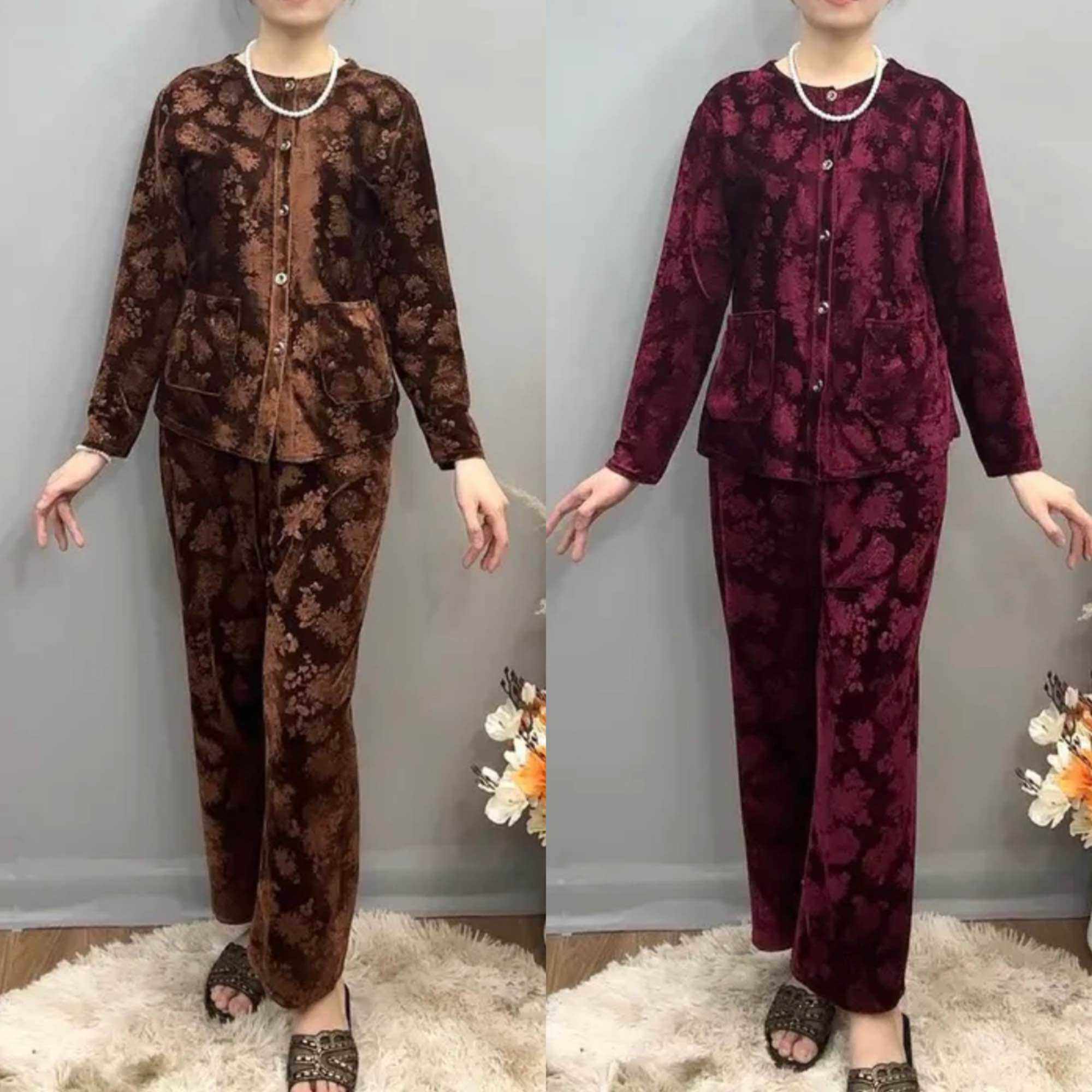 Quần Áo Bà Ba Chất Nhung Vân Hoa Cổ Tròn Dành Cho Người Già - Món Quà Tặng Bà Và Mẹ