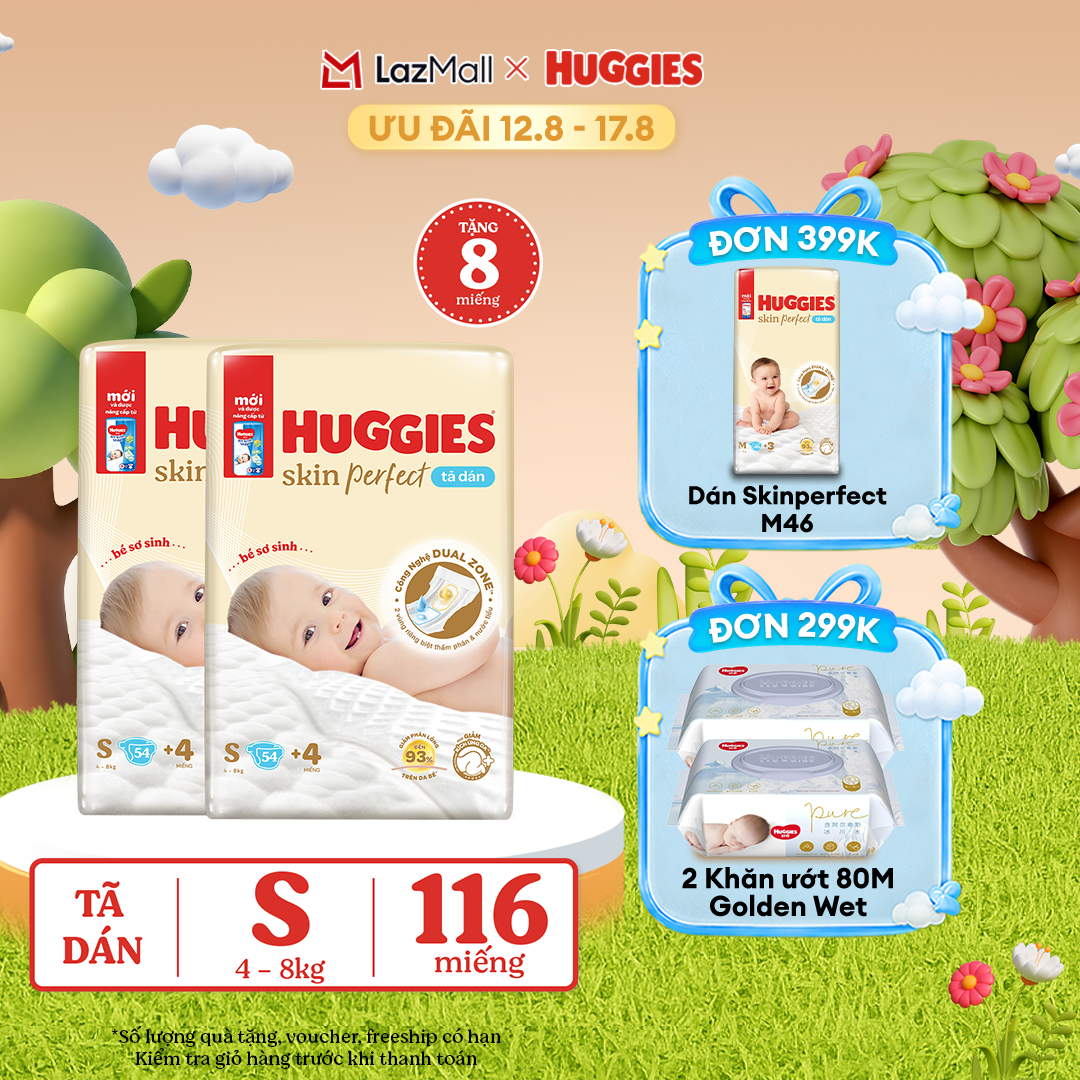 [12-17.08 QUÀ TẶNG ĐƠN 0Đ]  Combo 2 Tã/bỉm dán sơ sinh Huggies Skin Perfect S 54 miếng với 2 vùng thấm giảm kích ứng da