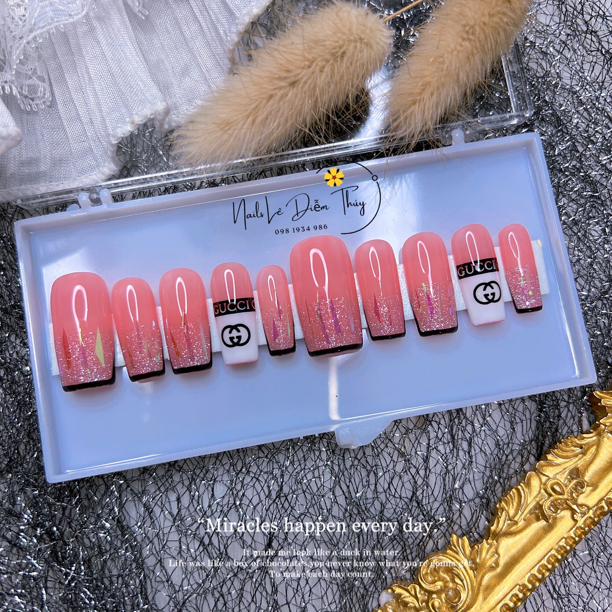 Nail Box design Nail Box pink rhinestones hears nail tip