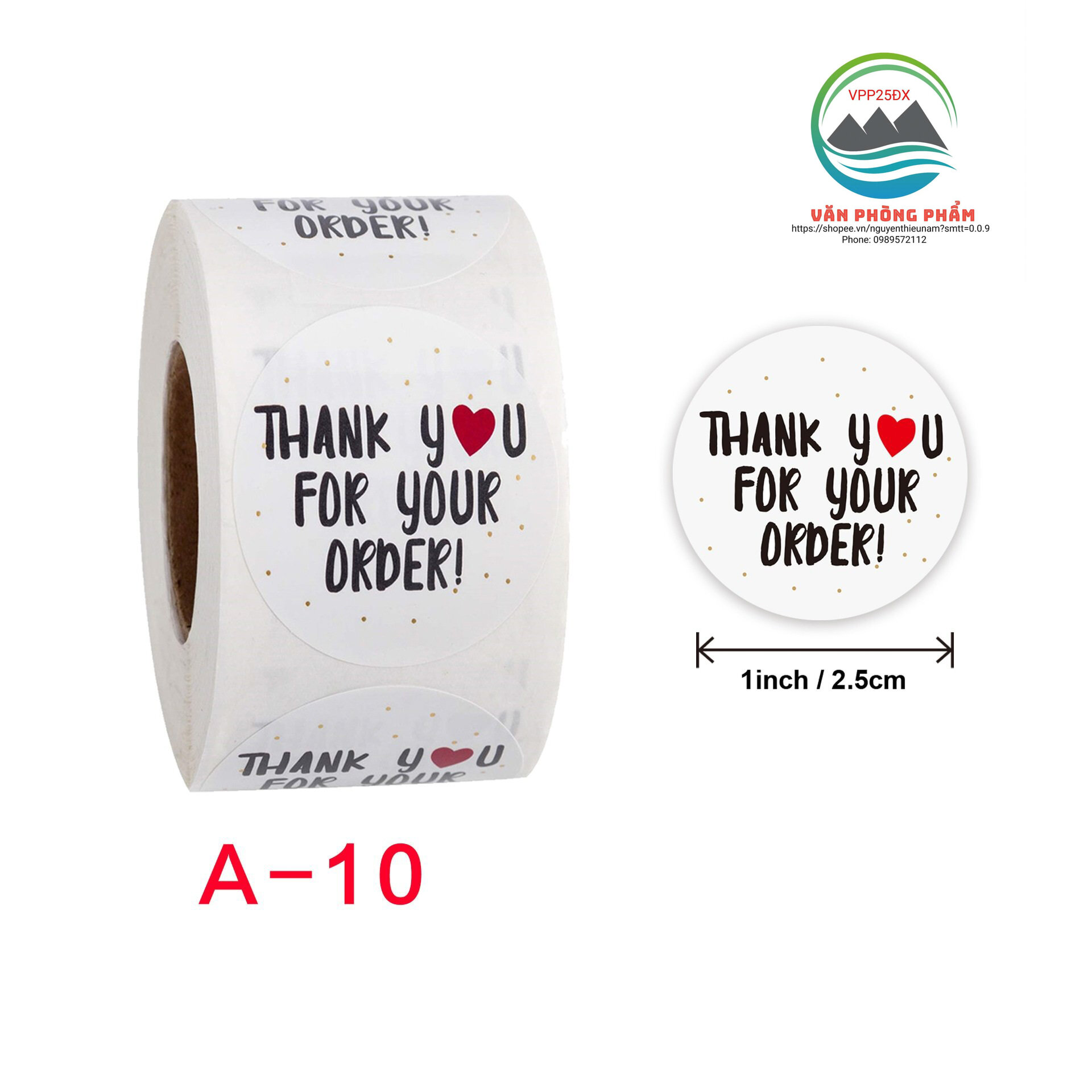 Tem dán sticker Thank you (1 cuộn 500 tem,kích thước 2.5cm).