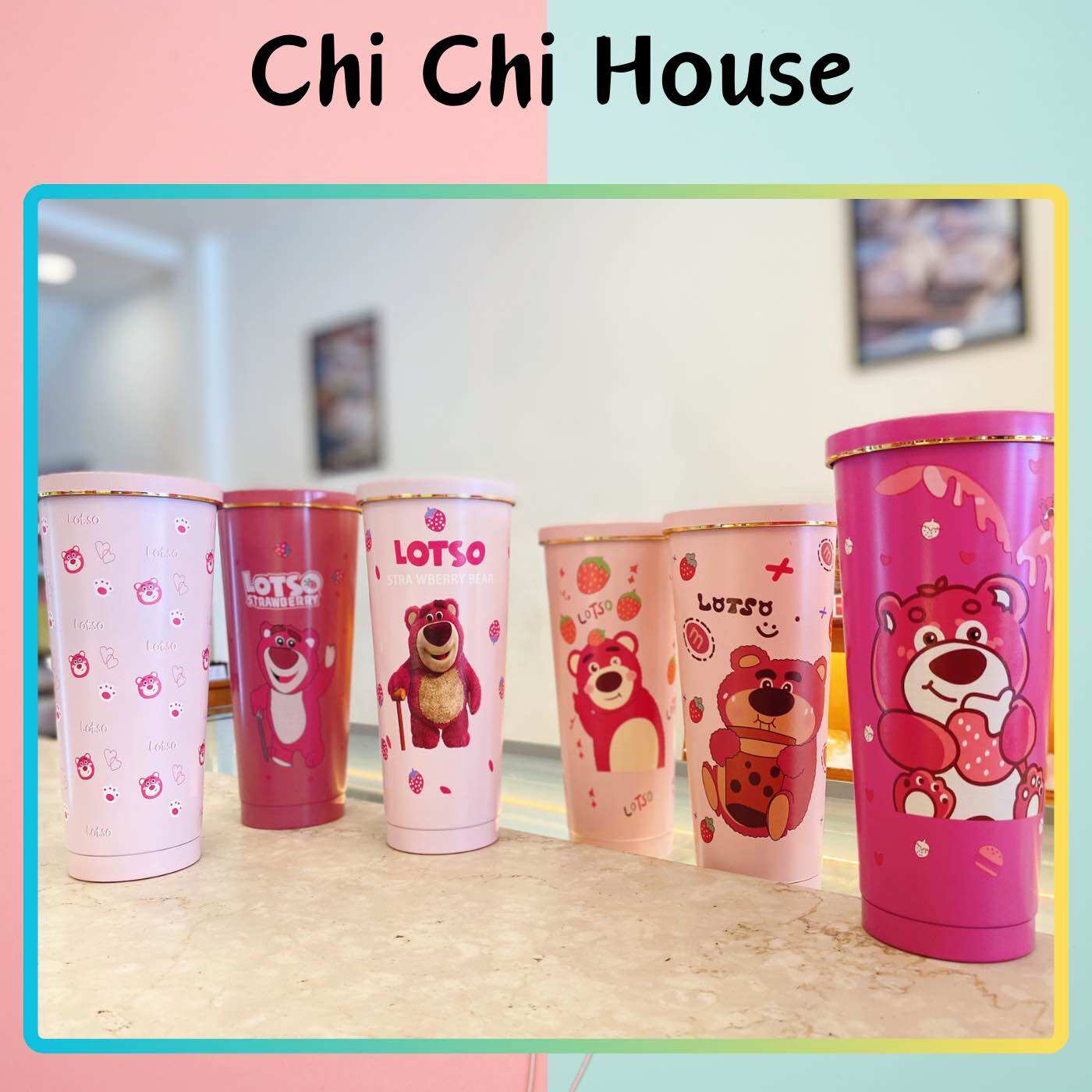 Ly giữ nhiệt kute gấu dâu 750ml + ống hút + cọ rửa ống hút