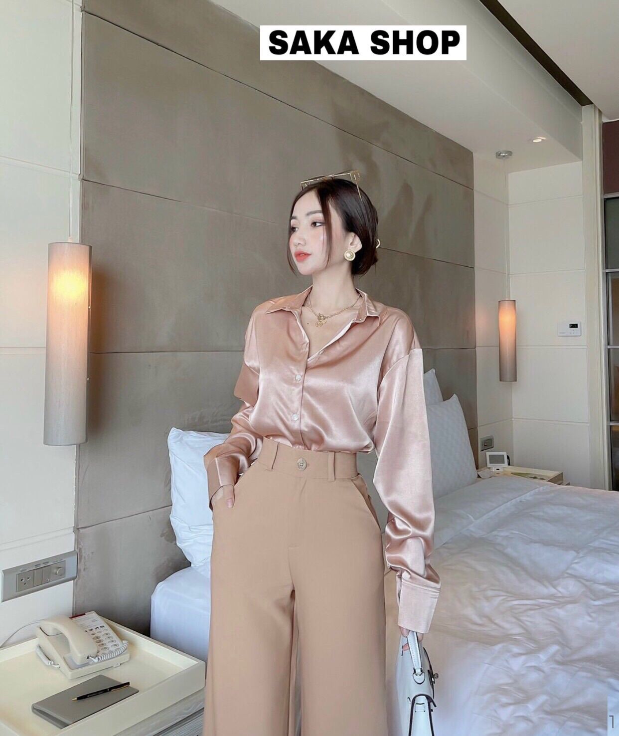 Áo sơ mi lụa nữ tay dài màu hồng nude vải cao cấp