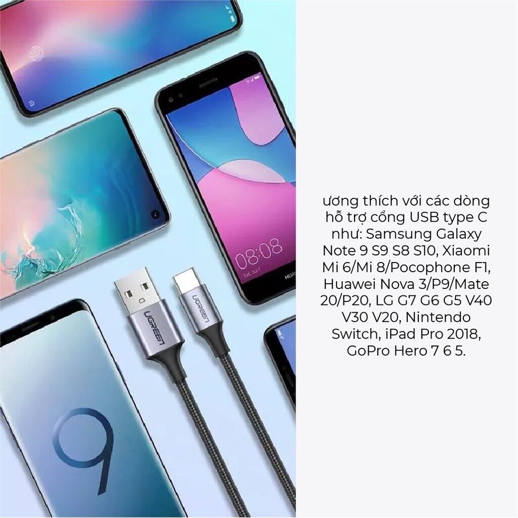 Cáp sạc nhanh Ugreen US288 dài 1M [ USB 2.0 A sang Type C 18W - tương thích với mọi thiết bị ]