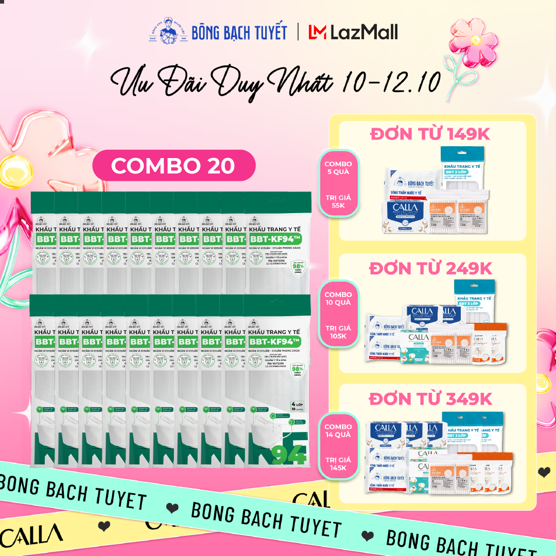 Combo 20 Gói khẩu trang Bông Bạch Tuyết KF94 Trắng (10 cái/gói)