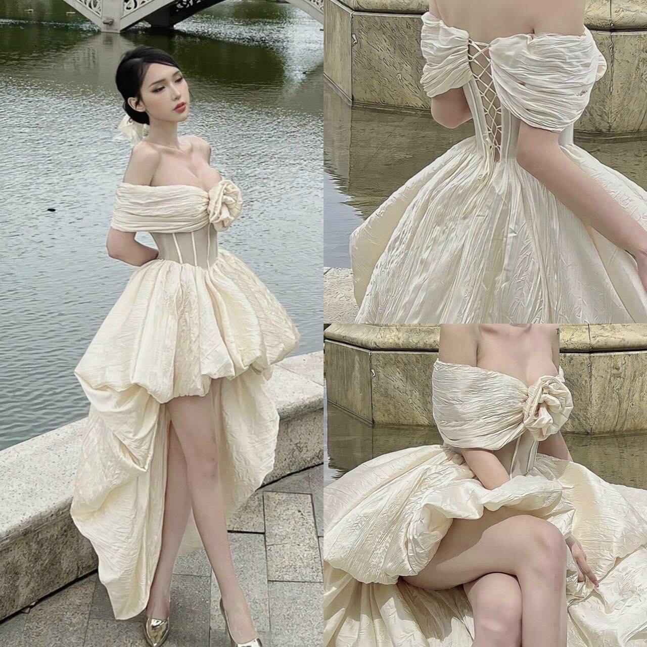 Đầm trễ vai hoa hồng đuôi cá