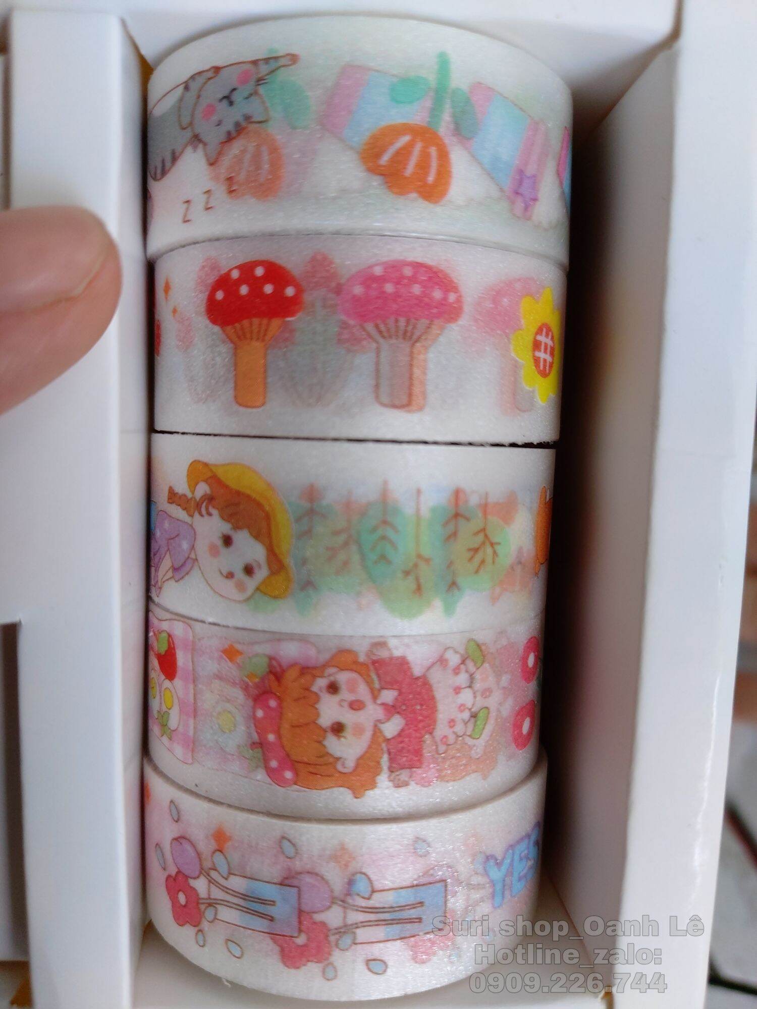 Hộp 5 cuộn Washi + 10 miếng stickers dễ thương