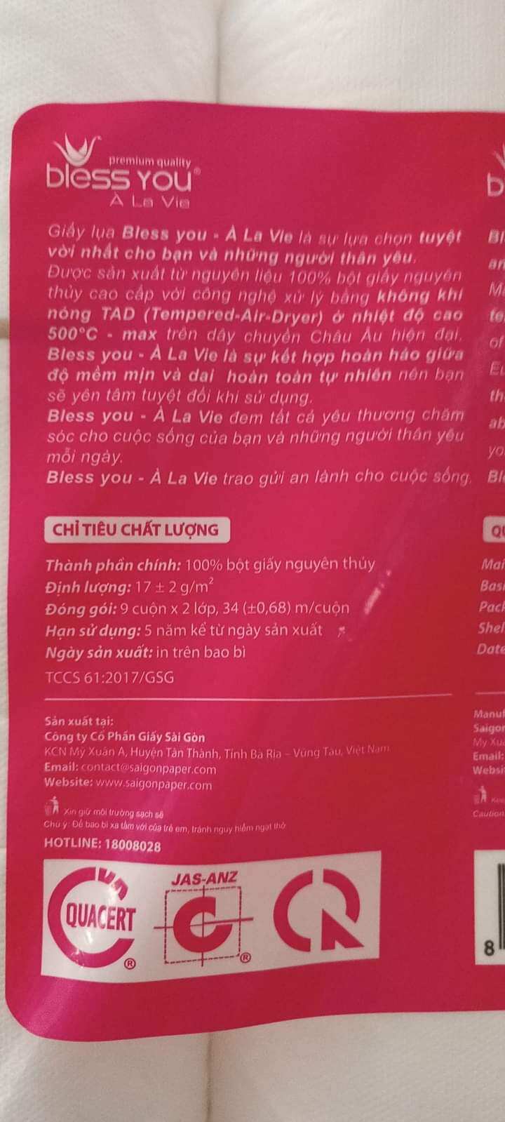 9 CUỘN GIẤY VỆ SINH BLESS YOU CÓ LÕI