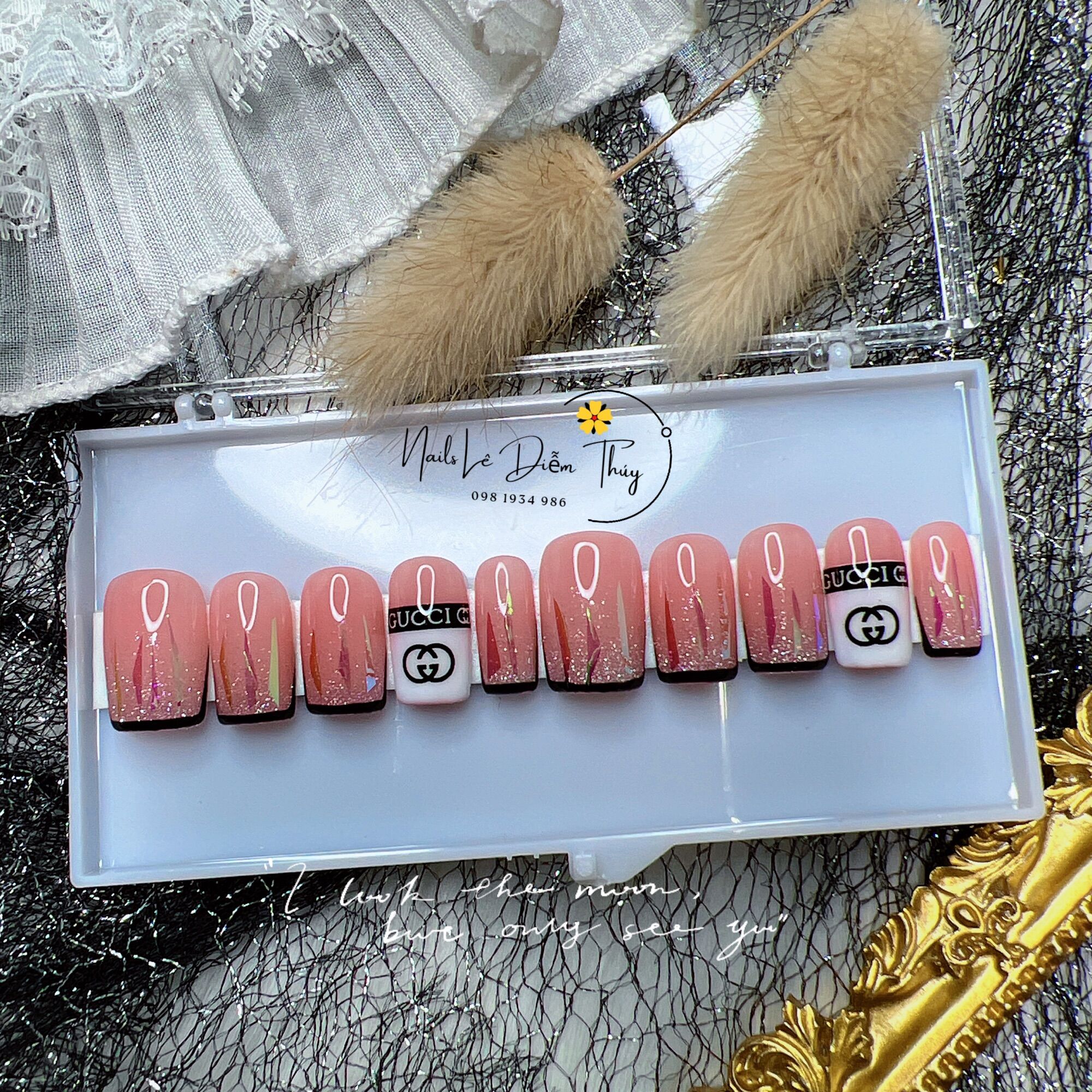Nail Box design Nail Box pink rhinestones hears nail tip