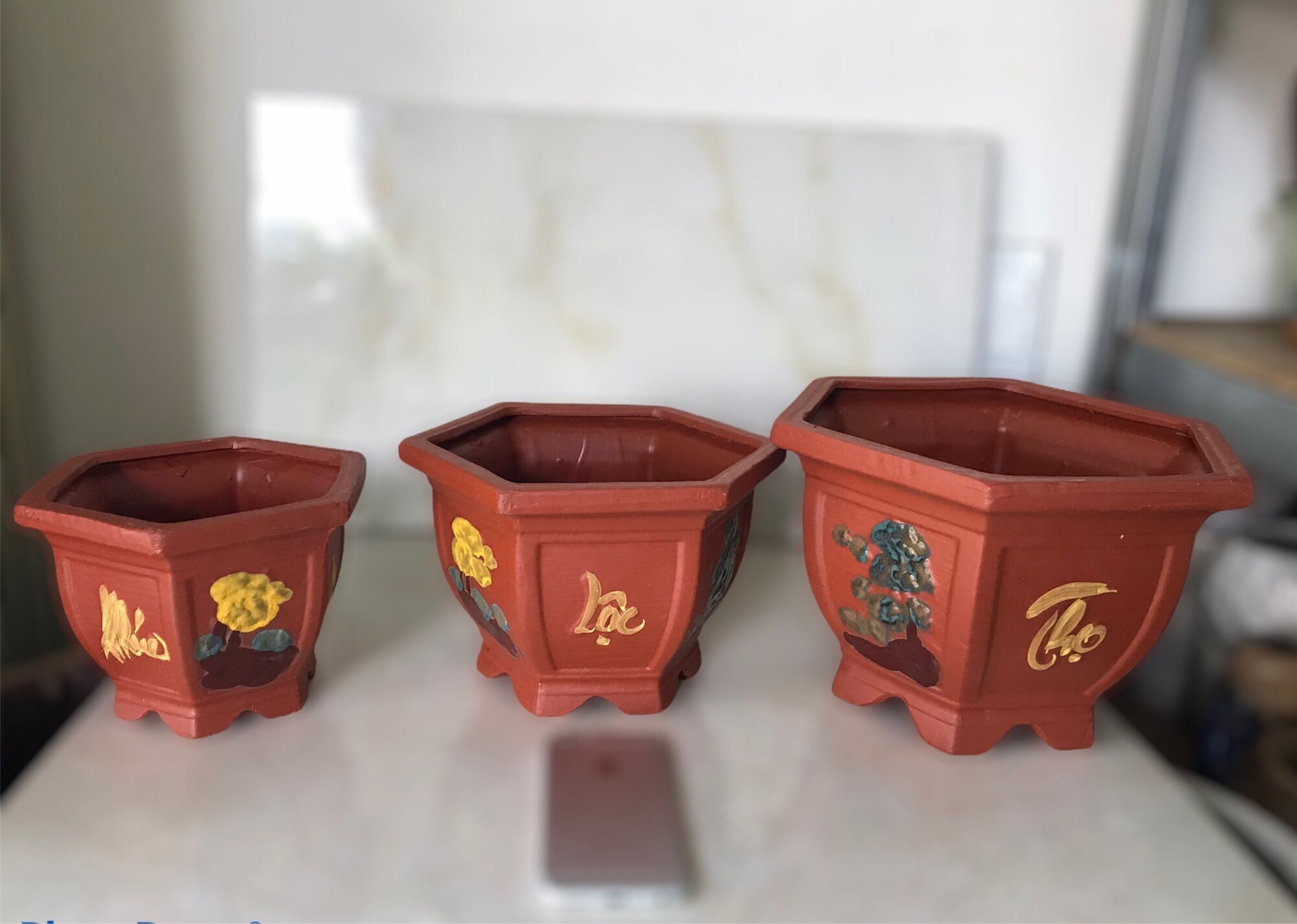 Bộ 3 chậu đất nung bonsai lục giác.