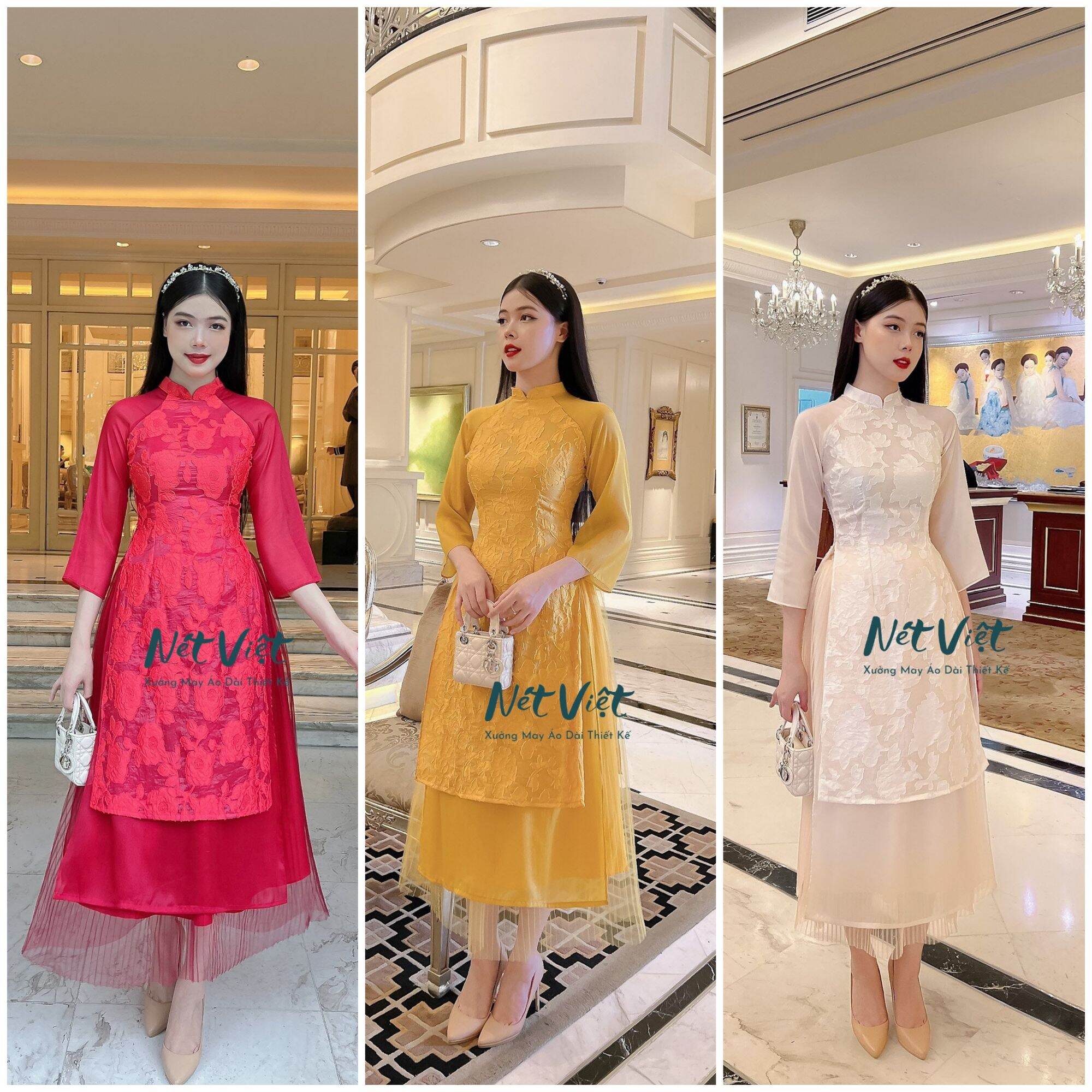 Áo Dài Cách Tân Áo Kèm Chân Váy Chất Liệu Gấm Hoa Hồng Mềm Mịn Kiểu Dáng 4  Tà Chân Váy 2 Lớp 3 Màu Đỏ Vàng Kem Diện Tết Siêu Xinh