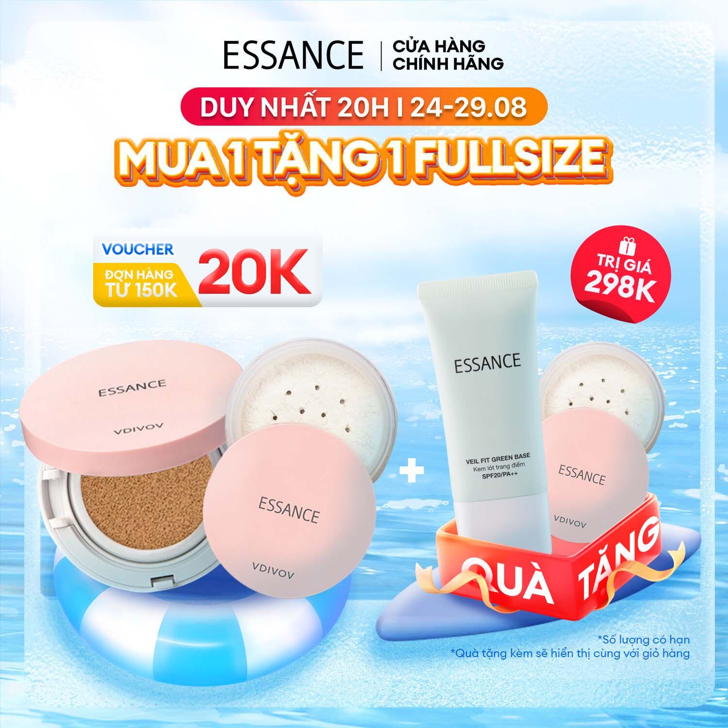 Bộ Phấn nước mịn lì mờ khuyết điểm Essance Veil Fit Cushion SPF50+ PA+++ 15g và Phấn phủ kiềm dầu dạng bột đa năng Essance Setting Powder 7g