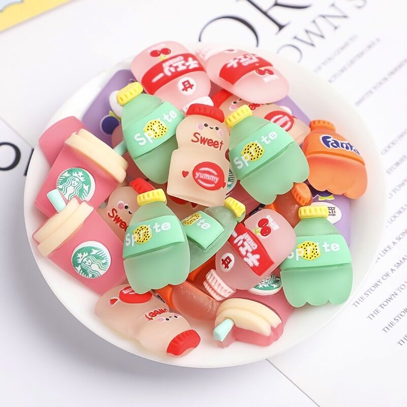 Set 10 Charm DIY Mẫu Thức Ăn Chai Lọ Hộp Sữa Trà Sữa Cute Trang Trí Slime Sổ Tay Bullet Journal