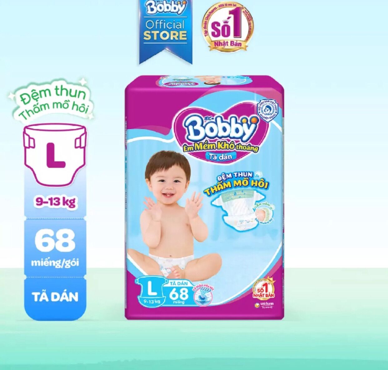 ( Cộng 6 miếng ) Bỉm Bobby dán size M76,L68,Xl62, Xxl56 mới .